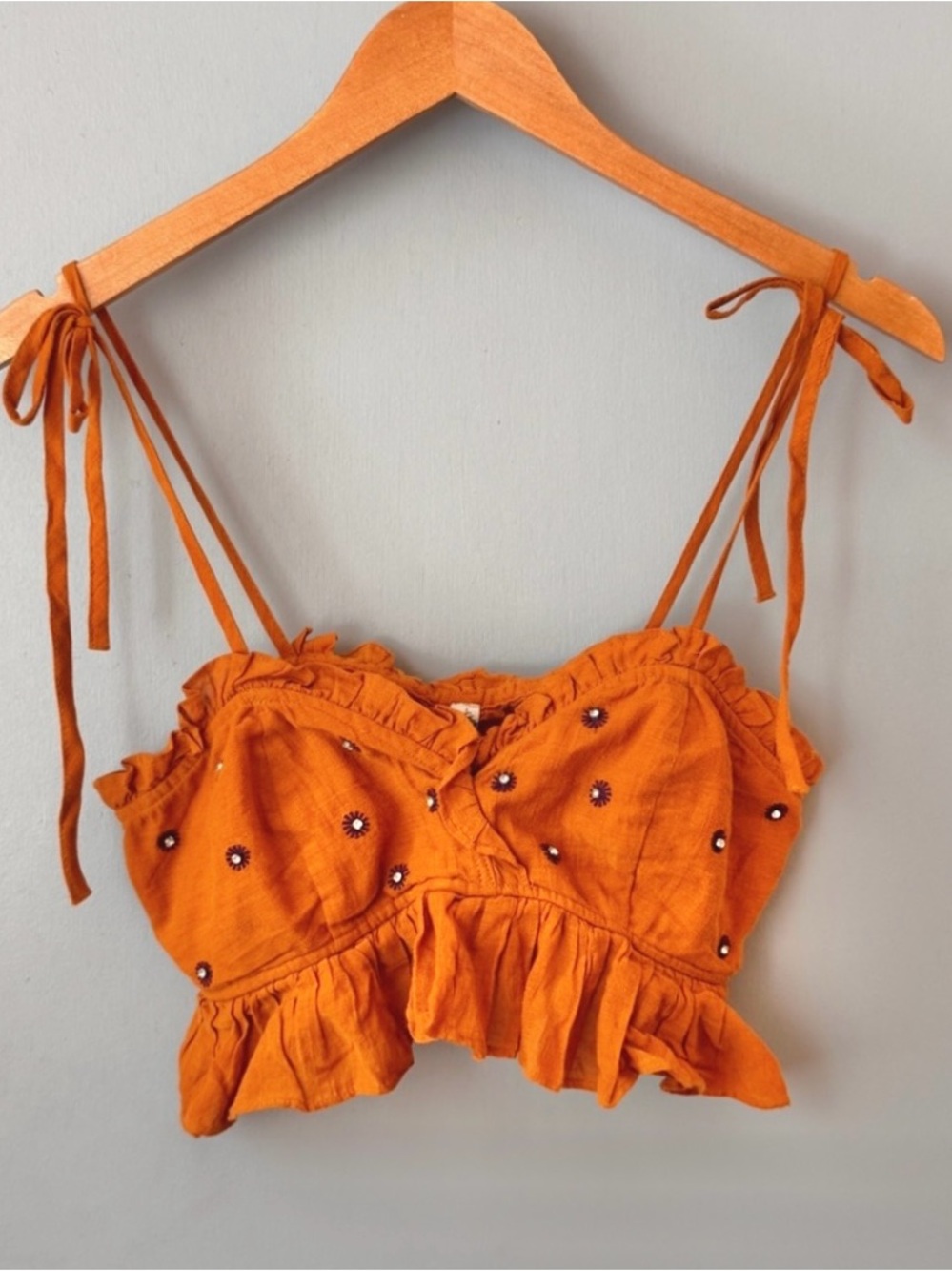 Free People Rust Orange Embroidered Tie-Shoulder Ruffle Crop Top - Picture 4 of 8